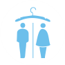 A blue circle with two people standing next to each other.