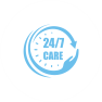 A blue and white circle with the words 2 4 / 7 care in it.